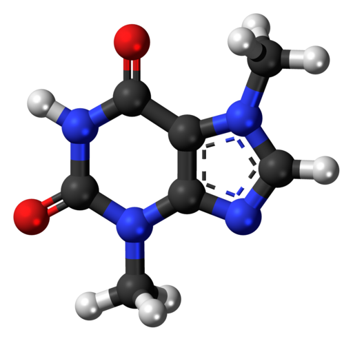 Estructura molecular de la teobromina, compost present al cacau i utilitzat com a additiu del tabac.